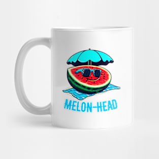 Melon-Head Funny A smiling slice of watermelon on a beach towel with sunglasses Mug